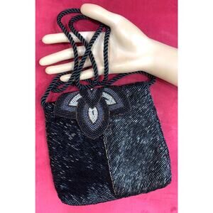 80s Art Deco Style Micheline Burke Black & Copper Beaded Shoulder Bag